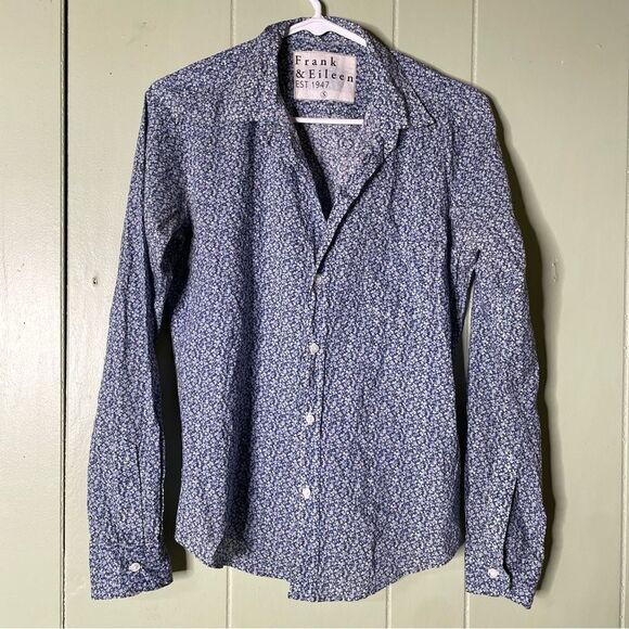Frank & Eileen Barry Blue White Ditzy Floral Button Down‎ Collared Shirt Small - Picture 1 of 6